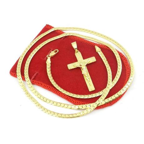Corrente Masculina 70cm 4mm Cruz Cristo Folheado Ouro Cr608 - Wnbijouterias Menor preço em Corrente Masculina 70cm 4mm Cruz Cristo Folheado Ouro Cr608 - Wnbijouterias