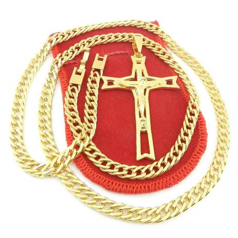 Corrente Masculina 70cm 6mm + Cruz Cristo Folheado Ouro CR671 - Wnbijouterias Menor preço em Corrente Masculina 70cm 6mm + Cruz Cristo Folheado Ouro CR671 - Wnbijouterias