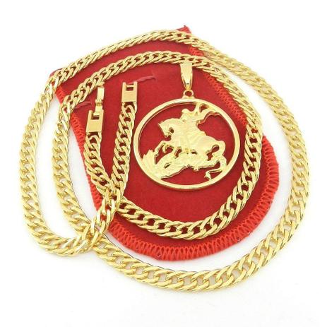 Corrente Masculina 70cm 6mm + São Jorge Folheado Ouro CR671 - Wnbijouterias Menor preço em Corrente Masculina 70cm 6mm + São Jorge Folheado Ouro CR671 - Wnbijouterias