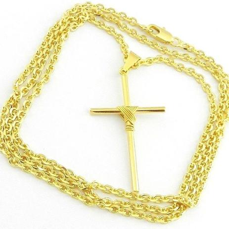 Corrente Masculina 80cm 2mm Cruz 4cm Folheada Ouro Cr578 - Wnbijouterias Menor preço em Corrente Masculina 80cm 2mm Cruz 4cm Folheada Ouro Cr578 - Wnbijouterias
