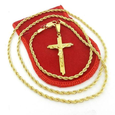 Corrente Masculina 80cm 3mm Cruz Cristo Folheado Ouro CR752 - Wnbijouterias Menor preço em Corrente Masculina 80cm 3mm Cruz Cristo Folheado Ouro CR752 - Wnbijouterias