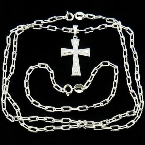 Corrente Masculina 80cm Cruz + Pulseira Folheada Prata CR697 - Wnbijouterias Menor preço em Corrente Masculina 80cm Cruz + Pulseira Folheada Prata CR697 - Wnbijouterias