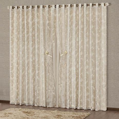 Cortina Bariloche Luxo para Varão Tecido Microfibra e Voal Floral Trabalhado 3,00 x 2,50 Metros - Bege - A Decorativa Menor preço em Cortina Bariloche Luxo para Varão Tecido Microfibra e Voal Floral Trabalhado 3,00 x 2,50 Metros - Bege - A Decorativa