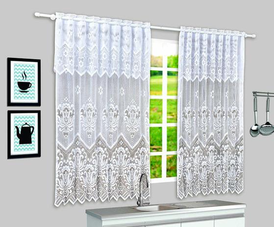 Cortina Branca Cozinha Renda Marina Floral 230x150 +40 Bandô - Beija Flor Menor preço em Cortina Branca Cozinha Renda Marina Floral 230x150 +40 Bandô - Beija Flor