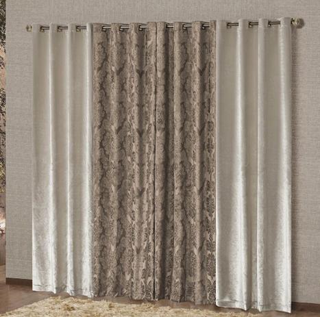Cortina Casual 3,00m x 2,50m Bege Floral Tecido Veludo Luxo Ilhós Sala Quarto - Decorativa Menor preço em Cortina Casual 3,00m x 2,50m Bege Floral Tecido Veludo Luxo Ilhós Sala Quarto - Decorativa