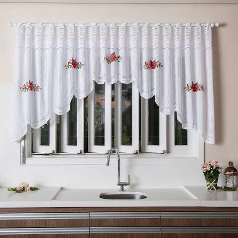 Cortina Cozinha Cascata Renda Branca Premium 3,00x1,00m Floral Vermelha - Interlar Menor preço em Cortina Cozinha Cascata Renda Branca Premium 3,00x1,00m Floral Vermelha - Interlar