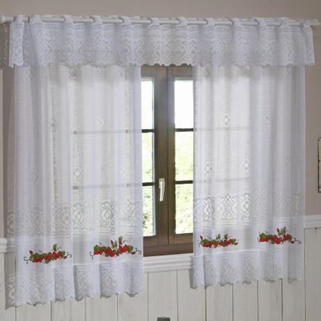 Cortina de Renda 2.0x1.5m Interlar Morangos + Bandô Cozinha Menor preço em Cortina de Renda 2.0x1.5m Interlar Morangos + Bandô Cozinha