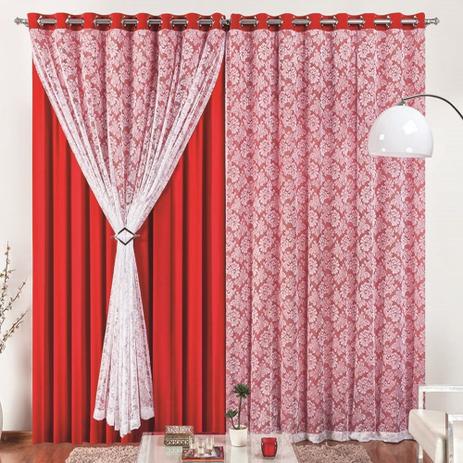 Cortina para varão simples tecido renda c/ malha 2 metros yasmin - vermelho - Rose jordão Menor preço em Cortina para varão simples tecido renda c/ malha 2 metros yasmin - vermelho - Rose jordão