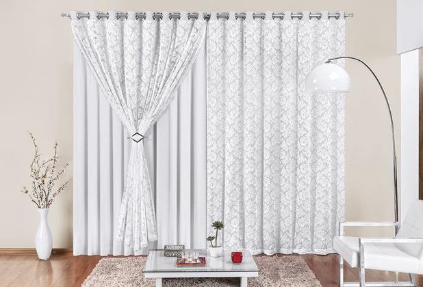 Cortina Yasmin 4 Metros Branca Tecido Malha Com Renda Floral Sala ou Quarto - Rose Menor preço em Cortina Yasmin 4 Metros Branca Tecido Malha Com Renda Floral Sala ou Quarto - Rose