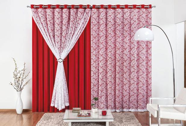 Cortina Yasmin 4 Metros Vermelha Tecido Malha Com Renda Floral Sala ou Quarto - Rose Menor preço em Cortina Yasmin 4 Metros Vermelha Tecido Malha Com Renda Floral Sala ou Quarto - Rose