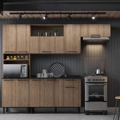 Cozinha 10 Portas com Paneleiro Armário Aéreo e Balcão com Tampo Acácia Itatiaia Castanho Menor preço em Cozinha 10 Portas com Paneleiro Armário Aéreo e Balcão com Tampo Acácia Itatiaia Castanho
