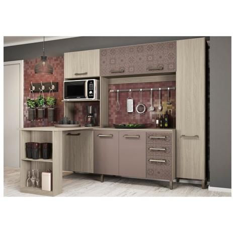 Menor preço em Cozinha Compacta 07 Portas com Bancada Amêndoa/Moka//Azulejo - Kappesberg