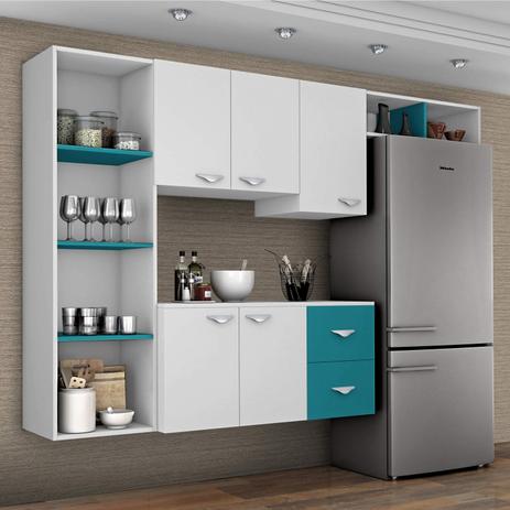 Cozinha Compacta 4 Peças 5 Portas Anabela Siena Móveis Branco/Azul Menor preço em Cozinha Compacta 4 Peças 5 Portas Anabela Siena Móveis Branco/Azul