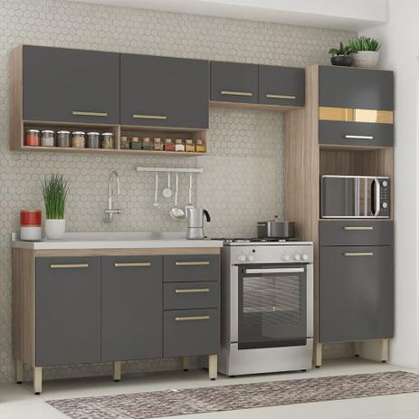 Cozinha Compacta Bahia com Balcão para Pia + Armário Aéreo Avena/ Grafito - Bela Móveis - Demóbile Menor preço em Cozinha Compacta Bahia com Balcão para Pia + Armário Aéreo Avena/ Grafito - Bela Móveis - Demóbile