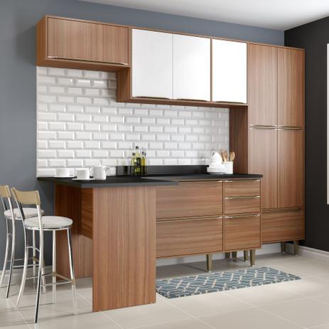 Cozinha Compacta Calábria com Bancada, Paneleiro e Balcão - Nogueira/Branco - Multimóveis Menor preço em Cozinha Compacta Calábria com Bancada, Paneleiro e Balcão - Nogueira/Branco - Multimóveis