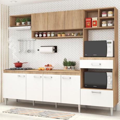 Cozinha Compacta Modulada com Tampo 8 Portas 1 Gaveta Inova Fellicci Carvalho/Branco Menor preço em Cozinha Compacta Modulada com Tampo 8 Portas 1 Gaveta Inova Fellicci Carvalho/Branco