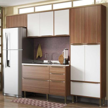 Cozinha Compacta Multimóveis com 4 peças Calábria 5458 Nogueira/Branco Menor preço em Cozinha Compacta Multimóveis com 4 peças Calábria 5458 Nogueira/Branco