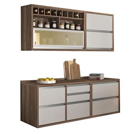 Cozinha Compacta Suspensa Balcão e Armário Baronesa Nesher Nogal/Branco - Moveis Nesher Menor preço em Cozinha Compacta Suspensa Balcão e Armário Baronesa Nesher Nogal/Branco - Moveis Nesher