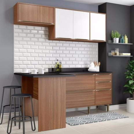 Cozinha Completa 5 Módulos 6 Portas Calábria Multimóveis Nogueira/Branco Texturizado Menor preço em Cozinha Completa 5 Módulos 6 Portas Calábria Multimóveis Nogueira/Branco Texturizado