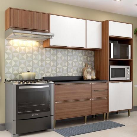 Cozinha Completa 5 Módulos 9 Portas Calábria Multimóveis Nogueira/Branco Texturizado Menor preço em Cozinha Completa 5 Módulos 9 Portas Calábria Multimóveis Nogueira/Branco Texturizado
