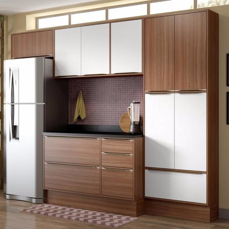 Cozinha Completa 7 Módulos 11 Portas Calábria Multimóveis Nogueira/Branco Texturizado Menor preço em Cozinha Completa 7 Módulos 11 Portas Calábria Multimóveis Nogueira/Branco Texturizado
