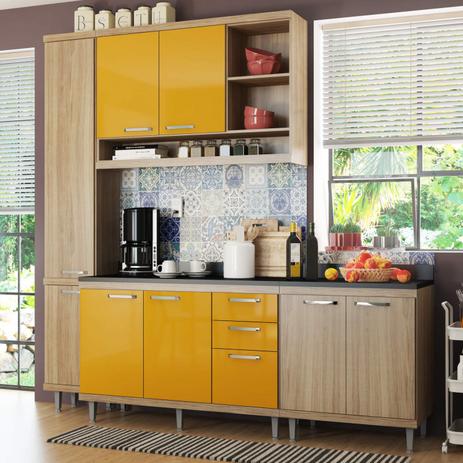 Cozinha Completa com Balcão com Tampo 5 Peças 8 Portas Sicília Multimóveis Argila/Amarelo Menor preço em Cozinha Completa com Balcão com Tampo 5 Peças 8 Portas Sicília Multimóveis Argila/Amarelo
