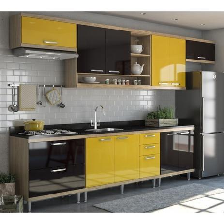 Cozinha Modulada Sicilia Argila Preto Amarelo 07 Módulos Multimoveis - Multimóveis Menor preço em Cozinha Modulada Sicilia Argila Preto Amarelo 07 Módulos Multimoveis - Multimóveis