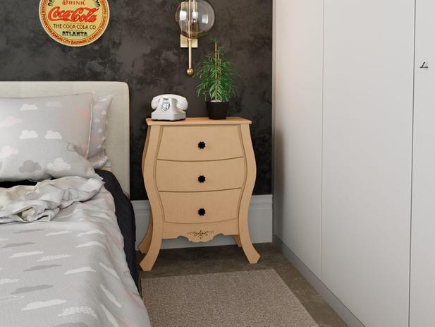 Criado mudo 3 gavetas para quarto de casal madeira mdf estilo bombe - Arte moderna decor Menor preço em Criado mudo 3 gavetas para quarto de casal madeira mdf estilo bombe - Arte moderna decor