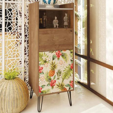 Cristaleira 2 Portas e Nicho Pés de Ferro Style Premium Caemmun Buriti/Floral Menor preço em Cristaleira 2 Portas e Nicho Pés de Ferro Style Premium Caemmun Buriti/Floral
