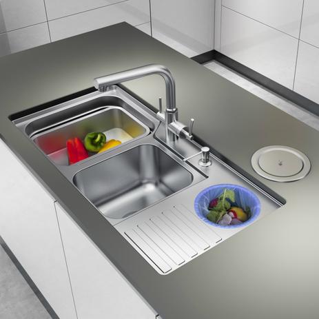 Menor preço em Cuba Dupla de Inox Funzionale c/ Acessórios e Lixeira DeBacco GhelPlus Acetinado  P/ Pia Cozinha