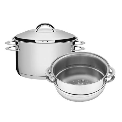 Cuscuzeira em aço inox com fundo triplo 16 cm 2 peças - Tramontina Menor preço em Cuscuzeira em aço inox com fundo triplo 16 cm 2 peças - Tramontina
