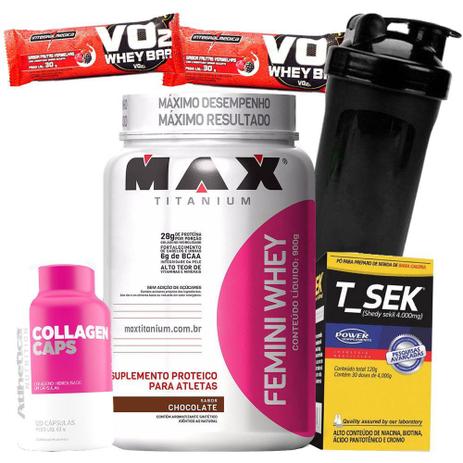 Definição Mulher Femini Whey 900g Thermo Flame 60caps Colageno 120caps Copo Shaker Barrinha wei wai - Max titanium Menor preço em Definição Mulher Femini Whey 900g Thermo Flame 60caps Colageno 120caps Copo Shaker Barrinha wei wai - Max titanium