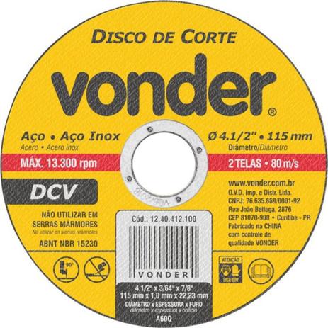 Disco de corte para aço inox 115,0 x 1,0 x 22,23 mm - Vonder Menor preço em Disco de corte para aço inox 115,0 x 1,0 x 22,23 mm - Vonder