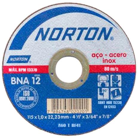 Disco de corte para inox 115 x 1,0 x 22,23 mm - BNA12 - Norton Menor preço em Disco de corte para inox 115 x 1,0 x 22,23 mm - BNA12 - Norton