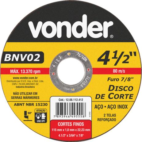 Disco de corte para metal e inox 115 x 1,0 x 22,23 mm - BNV 02 - Vonder Menor preço em Disco de corte para metal e inox 115 x 1,0 x 22,23 mm - BNV 02 - Vonder
