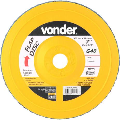 Disco de lixa flap disc reto 7” com costado plástico grão 40 (40) - Vonder Menor preço em Disco de lixa flap disc reto 7” com costado plástico grão 40 (40) - Vonder
