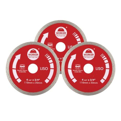 Disco diamantado liso 110mm 4.3/8” furo 20mm 3 peças worker Menor preço em Disco diamantado liso 110mm 4.3/8” furo 20mm 3 peças worker