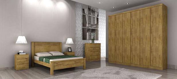 Dormitório Casal Completo 6 portas e 14 gavetas freijó dourado Evoluto Novo Horizonte Menor preço em Dormitório Casal Completo 6 portas e 14 gavetas freijó dourado Evoluto Novo Horizonte