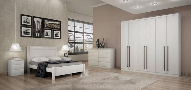 Dormitório Casal Completo 6 portas e 18 gavetas branco alto brilho Kratos Novo Horizonte Menor preço em Dormitório Casal Completo 6 portas e 18 gavetas branco alto brilho Kratos Novo Horizonte
