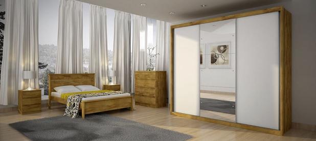 Dormitório Casal Completo com espelho 3 portas e 14 gavetas freijó dourado/branco Paradizzo - Novo horizonte Menor preço em Dormitório Casal Completo com espelho 3 portas e 14 gavetas freijó dourado/branco Paradizzo - Novo horizonte