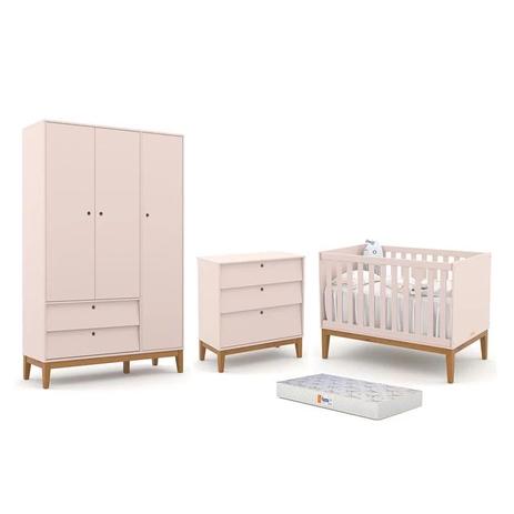 Menor preço em Dormitório Completo Infantil Unique 3 Portas, Cômoda 3 Gavetas, Berço Rosê/Eco Wood e Colchão - Matic Móveis