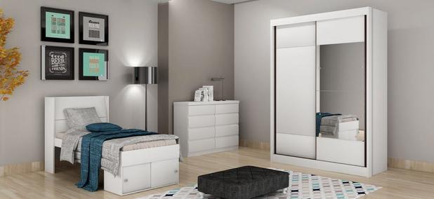 Dormitório Solteiro Completo com 1 cama baú com espelho 4 portas e 10 gavetas branco Falco - Novo horizonte é boa?