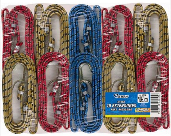 Elástico Extensor 1,5 m para Bagageiro 10 peças Western gancho metal reforçado - Produto nacional Menor preço em Elástico Extensor 1,5 m para Bagageiro 10 peças Western gancho metal reforçado - Produto nacional