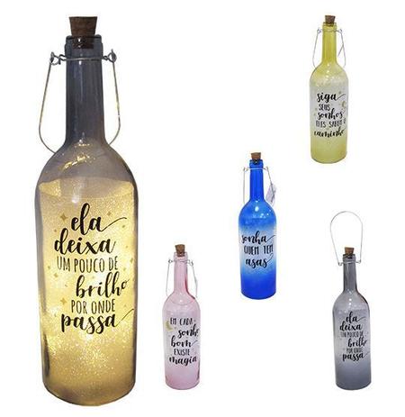 Enfeite decorativo garrafa de vidro frases colors com 10 micro led 32cm a pilha - Rio Master Menor preço em Enfeite decorativo garrafa de vidro frases colors com 10 micro led 32cm a pilha - Rio Master