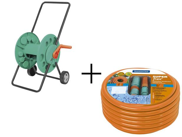 Enrolador de Mangueira C/ Rodinhas Até 60m + Mangueira Para Jardim Super Flex 30m - Tramontina Menor preço em Enrolador de Mangueira C/ Rodinhas Até 60m + Mangueira Para Jardim Super Flex 30m - Tramontina