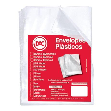 Envelope Plástico DAC 0,12 Médio A-4 4 Furos PCT C/50 UN Menor preço em Envelope Plástico DAC 0,12 Médio A-4 4 Furos PCT C/50 UN