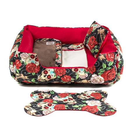 Enxoval Cama Pet Cachorro Gato Dupla Face Lola - M - Caveiras Vermelho - Senhor bicho é boa?