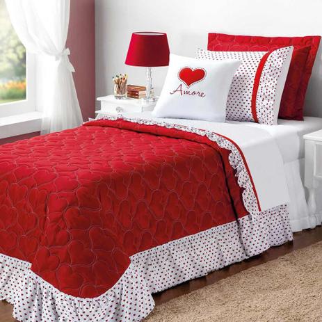 Enxoval Solteiro Colcha c/ Almofada + Jogo de Cama Estampado Amore - Branco/Vermelho - Paulo cezar enxovais Menor preço em Enxoval Solteiro Colcha c/ Almofada + Jogo de Cama Estampado Amore - Branco/Vermelho - Paulo cezar enxovais