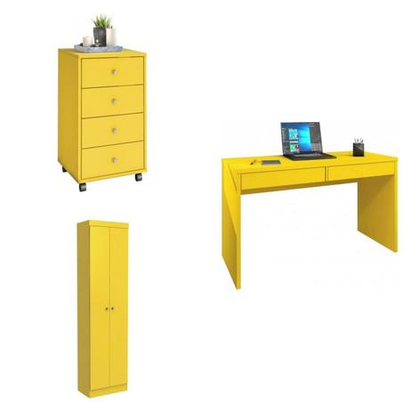 Escritório Completo com Gaveteiro 4 Gavetas, Armário Multiuso e Escrivaninha Espresso Móveis Amarelo Menor preço em Escritório Completo com Gaveteiro 4 Gavetas, Armário Multiuso e Escrivaninha Espresso Móveis Amarelo