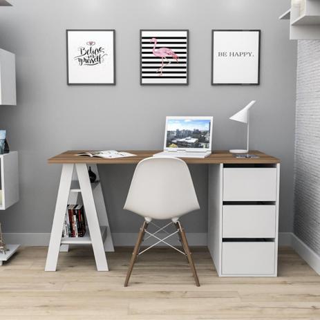 Escrivaninha Self Estilo Cavalete com 3 Gavetas - Branco/Castanho - Appunto Menor preço em Escrivaninha Self Estilo Cavalete com 3 Gavetas - Branco/Castanho - Appunto